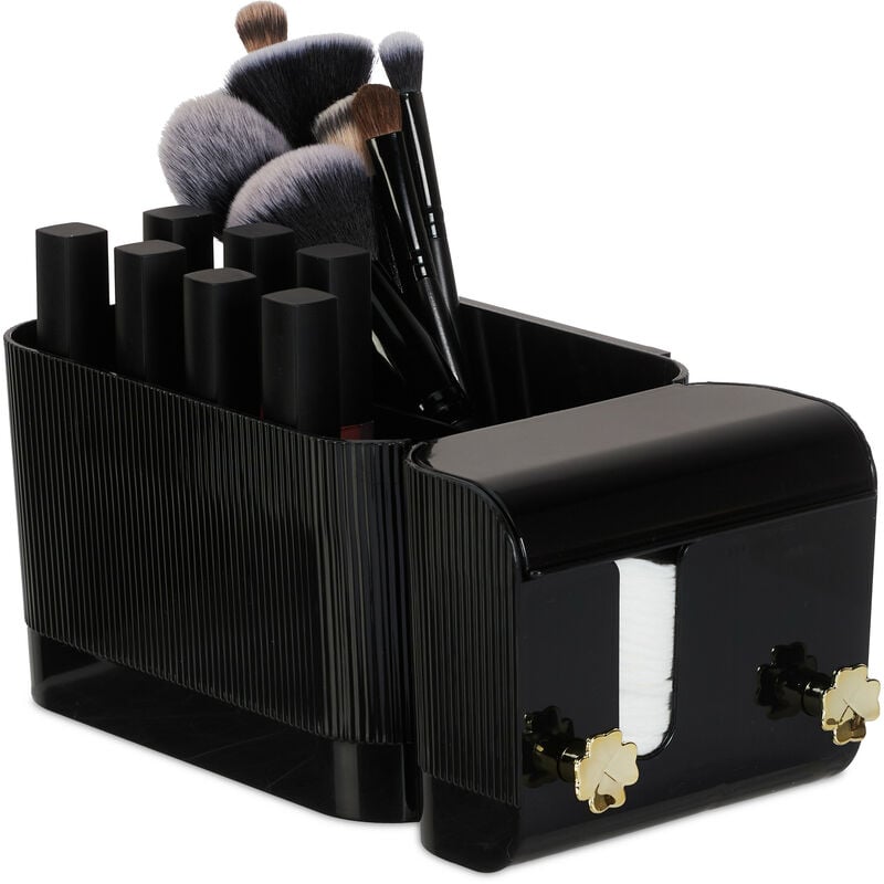 foto del prodotto portatrucchi, organizer da parete con 4 scomparti e 2 ganci, contenitore make up portarossetti, plastica, nero relaxdays