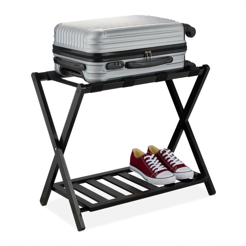foto del prodotto portavaligie da camera, stand reggivaligia in bamb pieghevole, porta valigie hotel hlp 58,5x68,5x38 cm, nero relaxdays