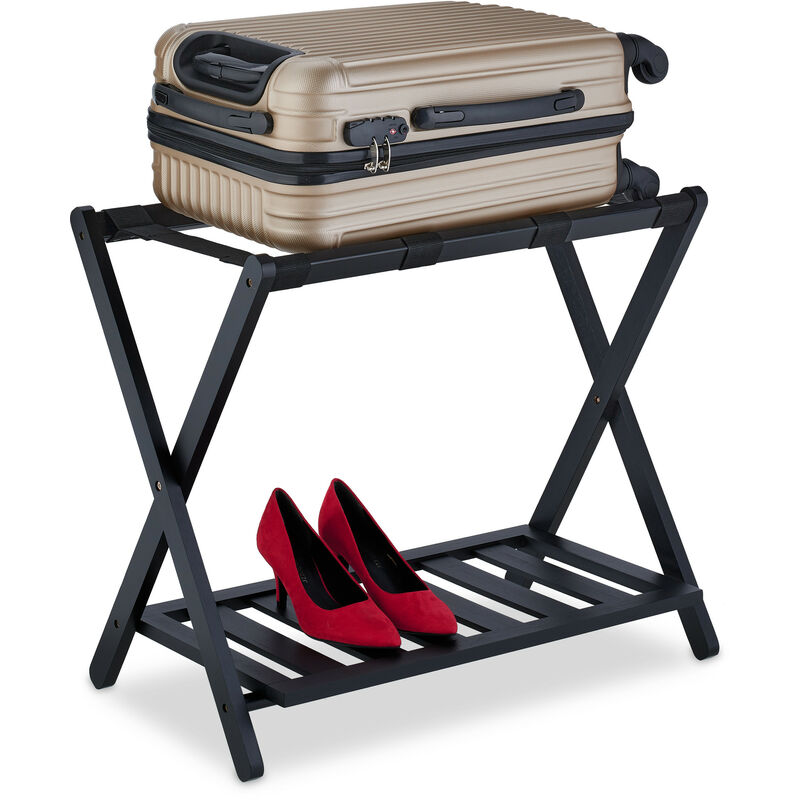 foto del prodotto portavaligie, pieghevole, in bamb e nylon, hxlxp 59 x 68 x 40 cm, 2 ripiani, arredo per camera e hotel, nero relaxdays
