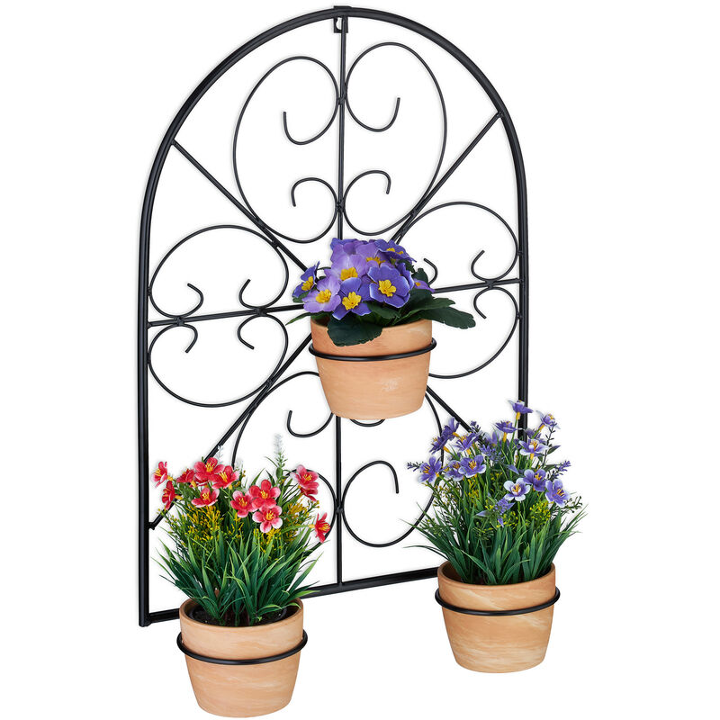foto del prodotto portavasi da parete, per appendere 3 vasi 11,5 cm, in giardino o balcone, da esterni, vintage, ferro, nero relaxdays