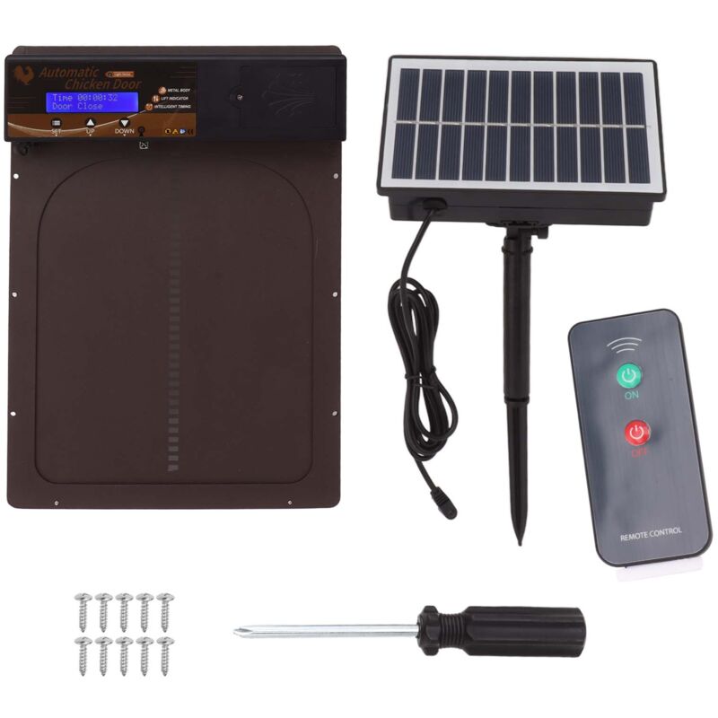 foto del prodotto porte automatiche per pollai con sensore di luce, telecomando, in alluminio, alimentate a energia solare, per pollai domestici, fattoria, marrone