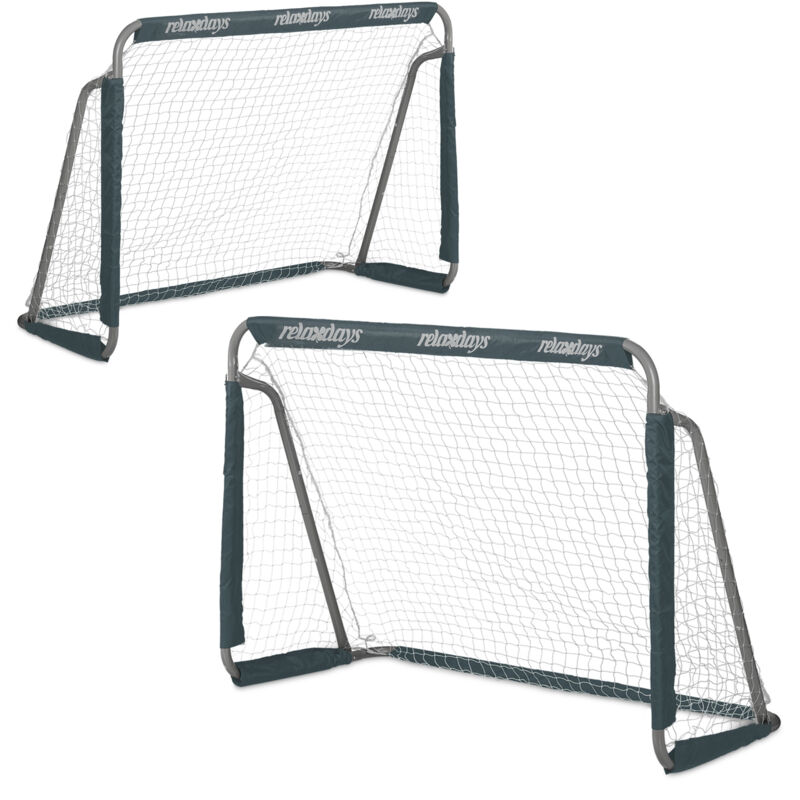 foto del prodotto porte da calcio per il giardino, set da 2, per adulti e bambini, in metallo, con rete, 110x150x75 cm, grigio relaxdays