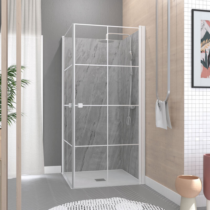 foto del prodotto porte doccia ad angolo 80x80x190 cm motivi quadrati profili bianchi opachi white cube