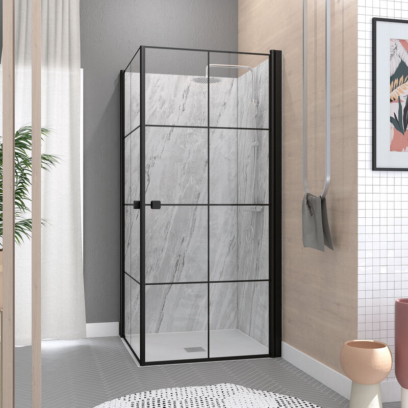 foto del prodotto porte doccia ad angolo 90x90x190 cm motivi quadrati profili neri opachi black cube