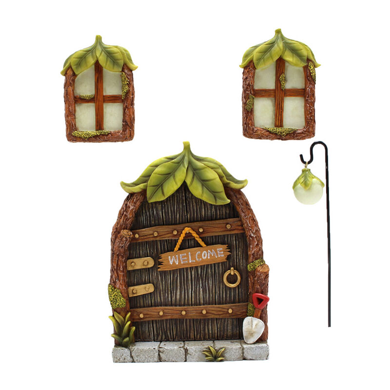 foto del prodotto porte e finestre delle fate in miniatura con luci, finestre e porte delle case in miniatura, statuette di alberi e porte delle fate in miniatura,