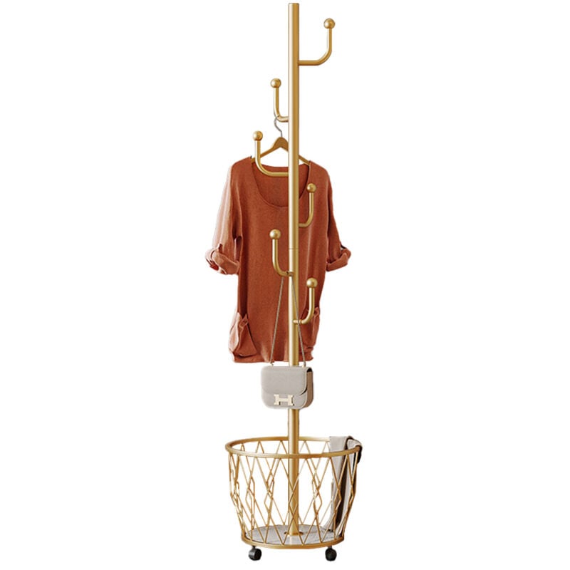 foto del prodotto porte manteau en m tal avec roulettes panier rangement 6 crochets suspension, porte manteau autonome robuste, support rangement pour sac main chapeau