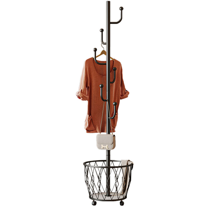foto del prodotto porte manteau en m tal avec roulettes panier rangement 6 crochets suspension, porte manteau autonome robuste, support rangement pour sac main chapeau