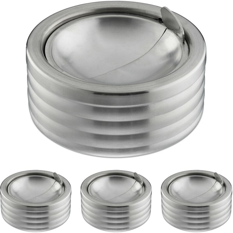 foto del prodotto posacenere antivento da tavolo, set 4 posa cenere con coperchio, hxd 7x11,5cm, esterno, acciaio inox, argento relaxdays