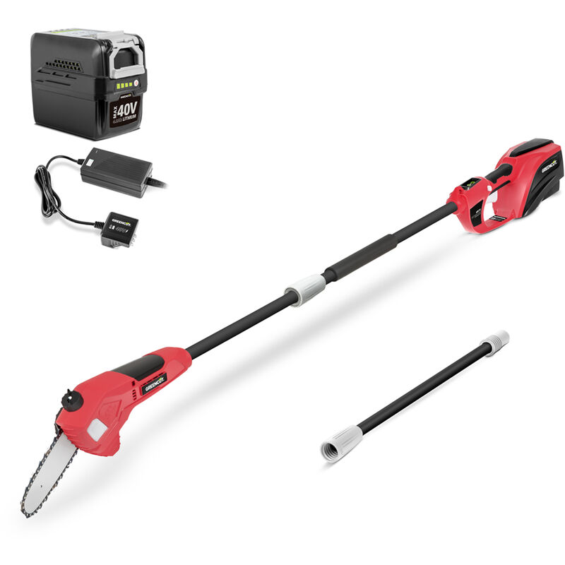 foto del prodotto potatore telescopico a batteria da 40v, barra da 10 , kit batteria 2ah e caricabatteria, imbracatura, 1 asta di prolunga da 75cm greencut pack pp400l