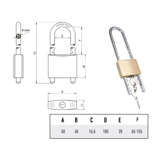 foto del prodotto potent lucchetto ottone 50mm arco regolabile