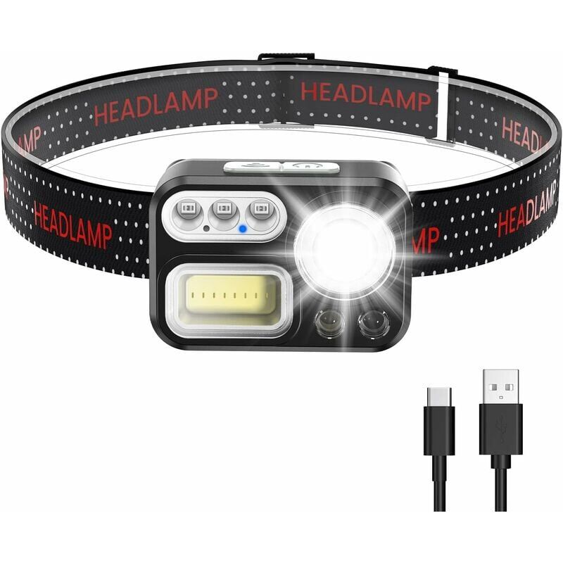 foto del prodotto potente lampada frontale ricaricabile, 8 modalit led torcia frontale 2200lux luce bianca e luce di emergenza, 45 regolabile, ip65 impermeabile e