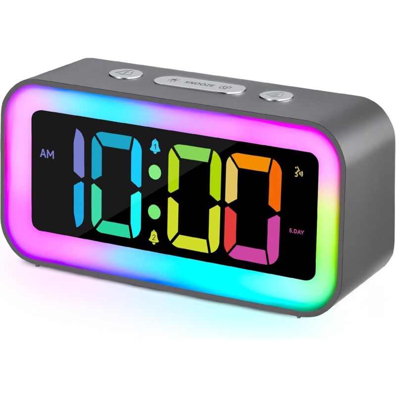 foto del prodotto potente sveglia per camera da letto con luce notturna rgb dinamica, doppia sveglia per adulti, dimmer, caricatore usb, orologio digitale per lettino