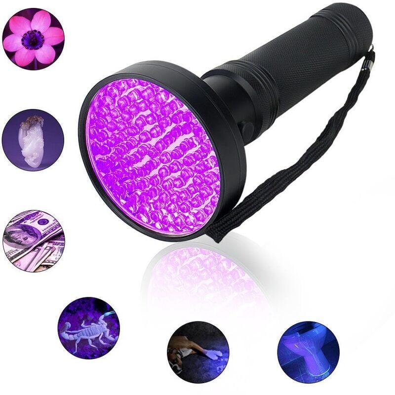 foto del prodotto potente torcia uv a 100 led, torcia uv 395nm luce nera, torcia uv con occhiali di sicurezza protezione uv, torcia ultravioletta, rilevatore