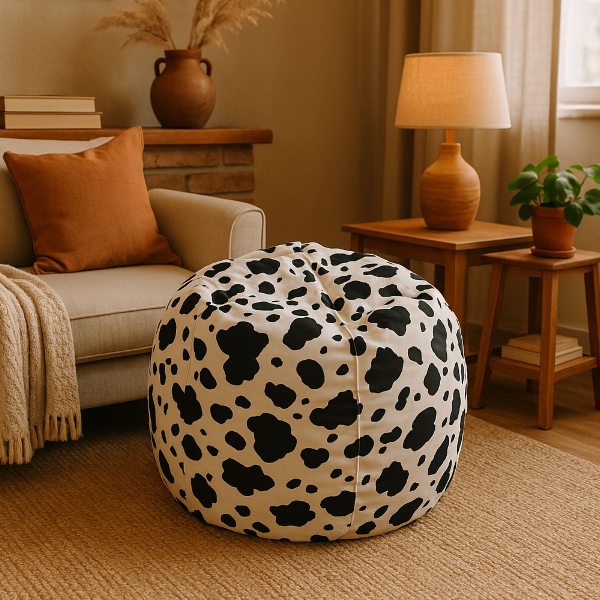 foto del prodotto pouf a sacco con lorenza, colore bianco e nero, misure 80 x 120 x 80 cm