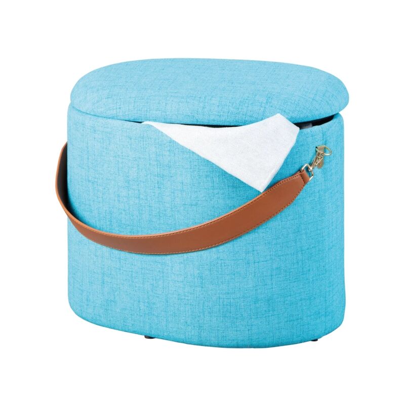 foto del prodotto pouf azzurro con contenitore e maniglia in ecopelle, 42x30x36cm