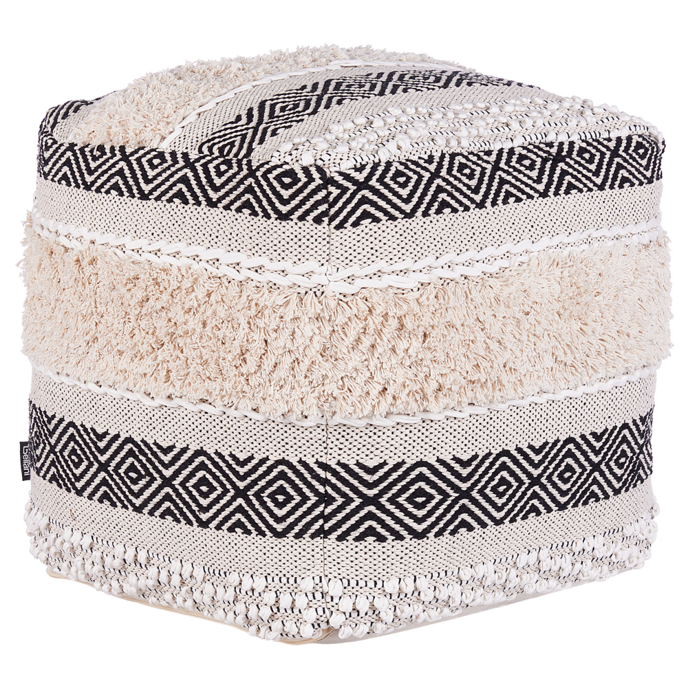 foto del prodotto pouf beige cotone nero motivo geometrico in stile boho moderno