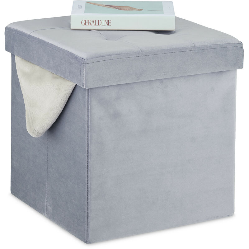 foto del prodotto pouf contenitore per sedersi, coperchio imbottito, hlp 38 x 38 x 38 cm, poggiapiedi a cubo in velluto, grigio relaxdays