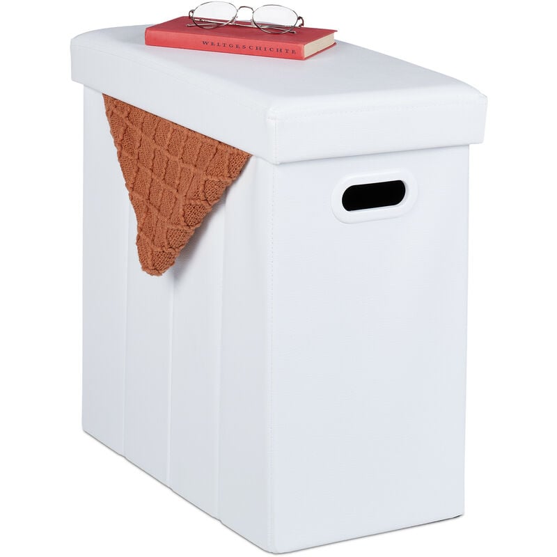 foto del prodotto pouf contenitore per sedersi, coperchio imbottito, hxlxp 49 x 48,5 x 27 cm, poggiapiedi aspetto pelle, bianco relaxdays