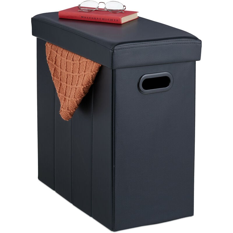 foto del prodotto pouf contenitore per sedersi, coperchio imbottito, hxlxp 49 x 48,5 x 27 cm, poggiapiedi aspetto pelle, nero relaxdays