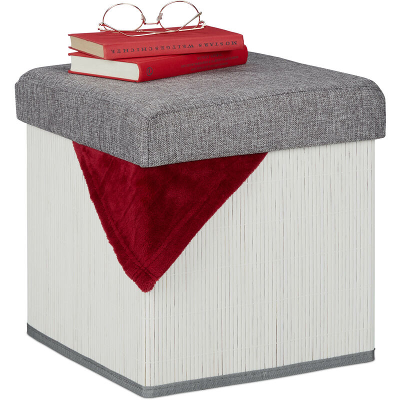 foto del prodotto pouf contenitore pieghevole, sgabello in bamb , poggiapiedi imbottito, hxlxp 36 x 35 x 35 cm, bianco grigio relaxdays