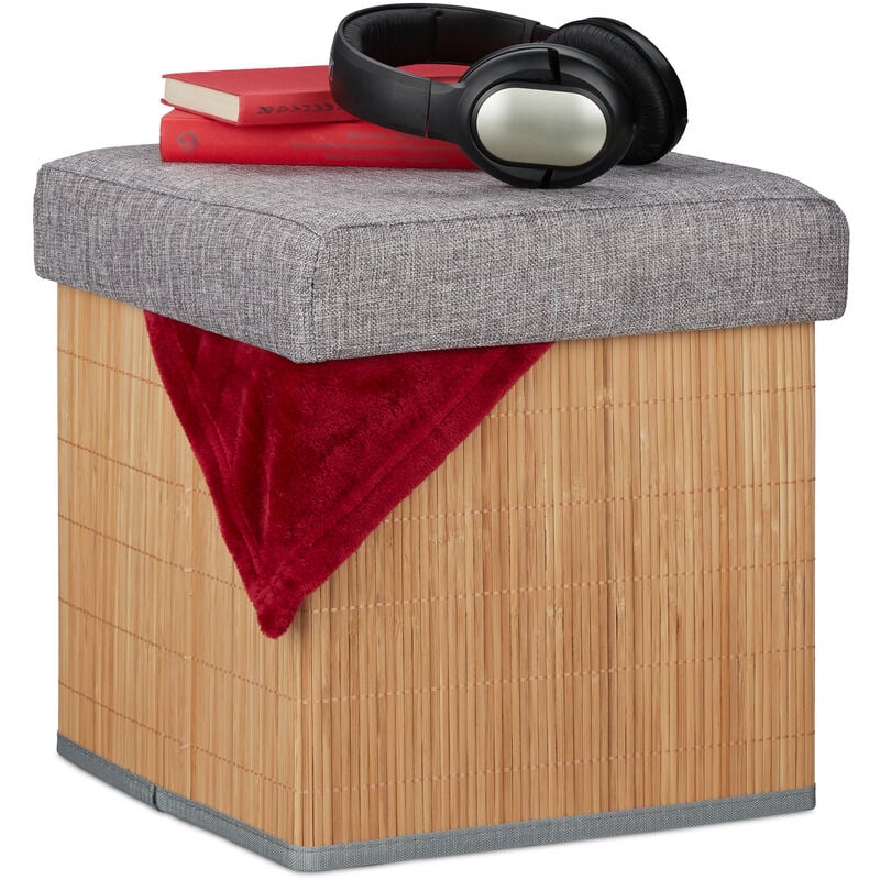 foto del prodotto pouf contenitore pieghevole, sgabello in bamb , poggiapiedi imbottito, hxlxp 36 x 35 x 35 cm, naturale grigio relaxdays