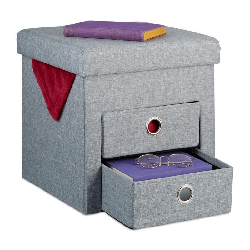 foto del prodotto pouf contenitore pieghevole, sgabello poggiapiedi imbottito 2 cassetti portaoggetti, hlp 39x37x37 cm, grigio relaxdays