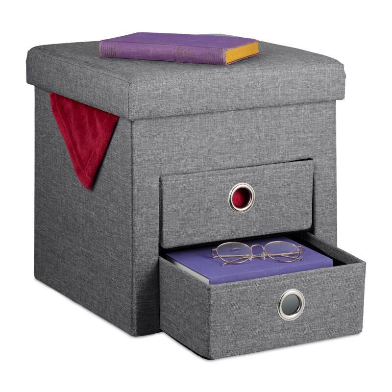 foto del prodotto pouf contenitore pieghevole, sgabello poggiapiedi imbottito con 2 cassetti, hlp 39x37x37 cm, grigio scuro relaxdays