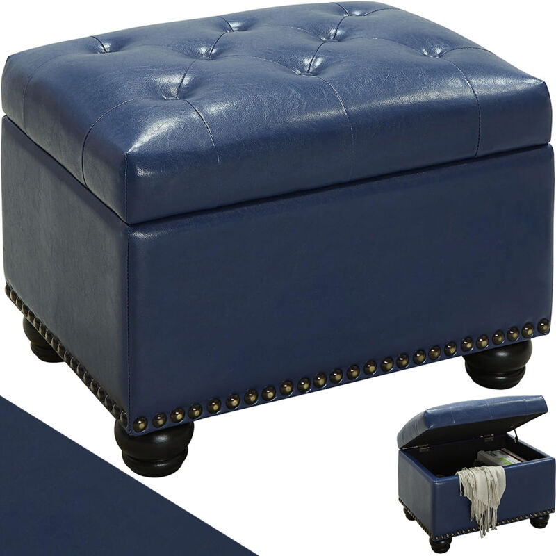foto del prodotto pouf contenitore poggiapiedi in ecopelle blu sgabello con scomparto interno