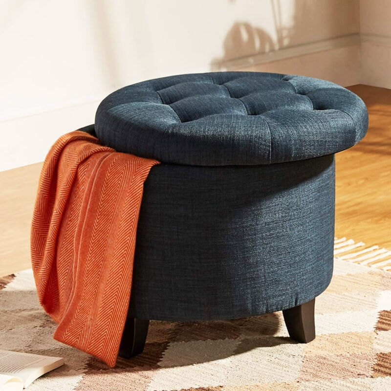 foto del prodotto pouf contenitore poggiapiedi in legno e tessuto blu sgabello baule con scomparto