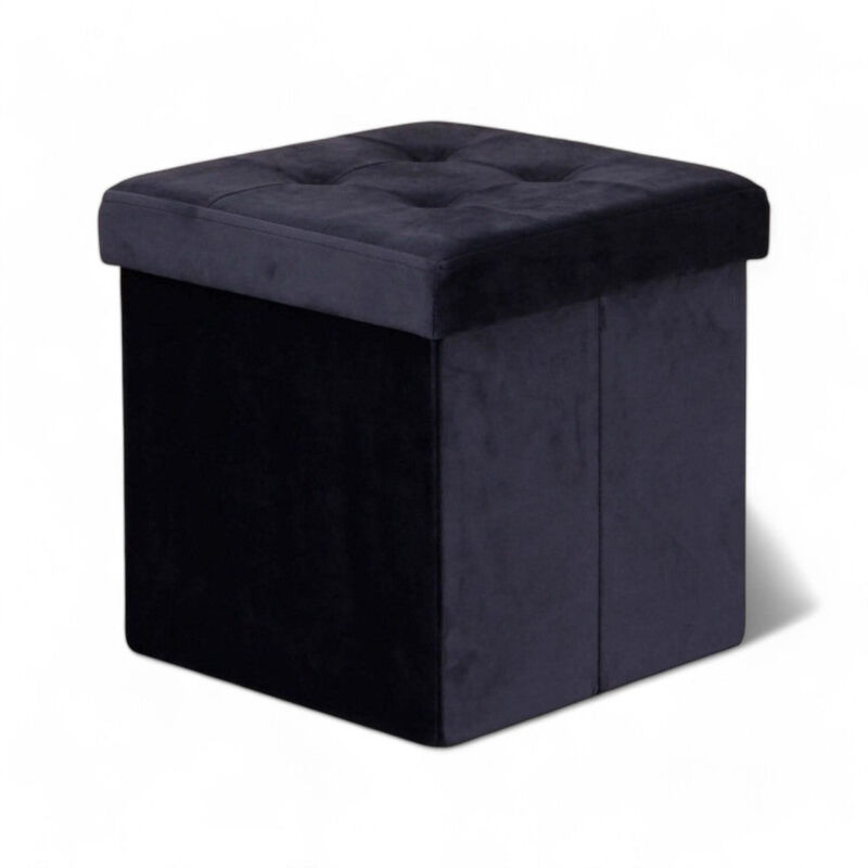 foto del prodotto pouf contenitore quadrato velluto nero elegante e pratico ideale per ottimizzare lo spazio design moderno 38x38xh38 cm