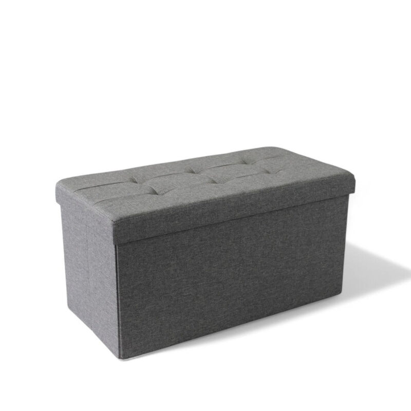foto del prodotto pouf contenitore rettangolare in tessuto grigio scuro con dimensioni 76x38xh38 cm