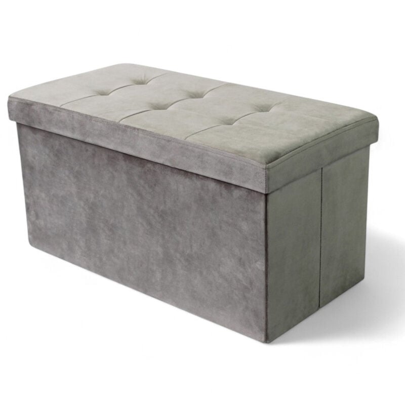 foto del prodotto pouf contenitore rettangolare in velluto colore tortora con spazio di archiviazione pratico ed elegante cm 76x38x38