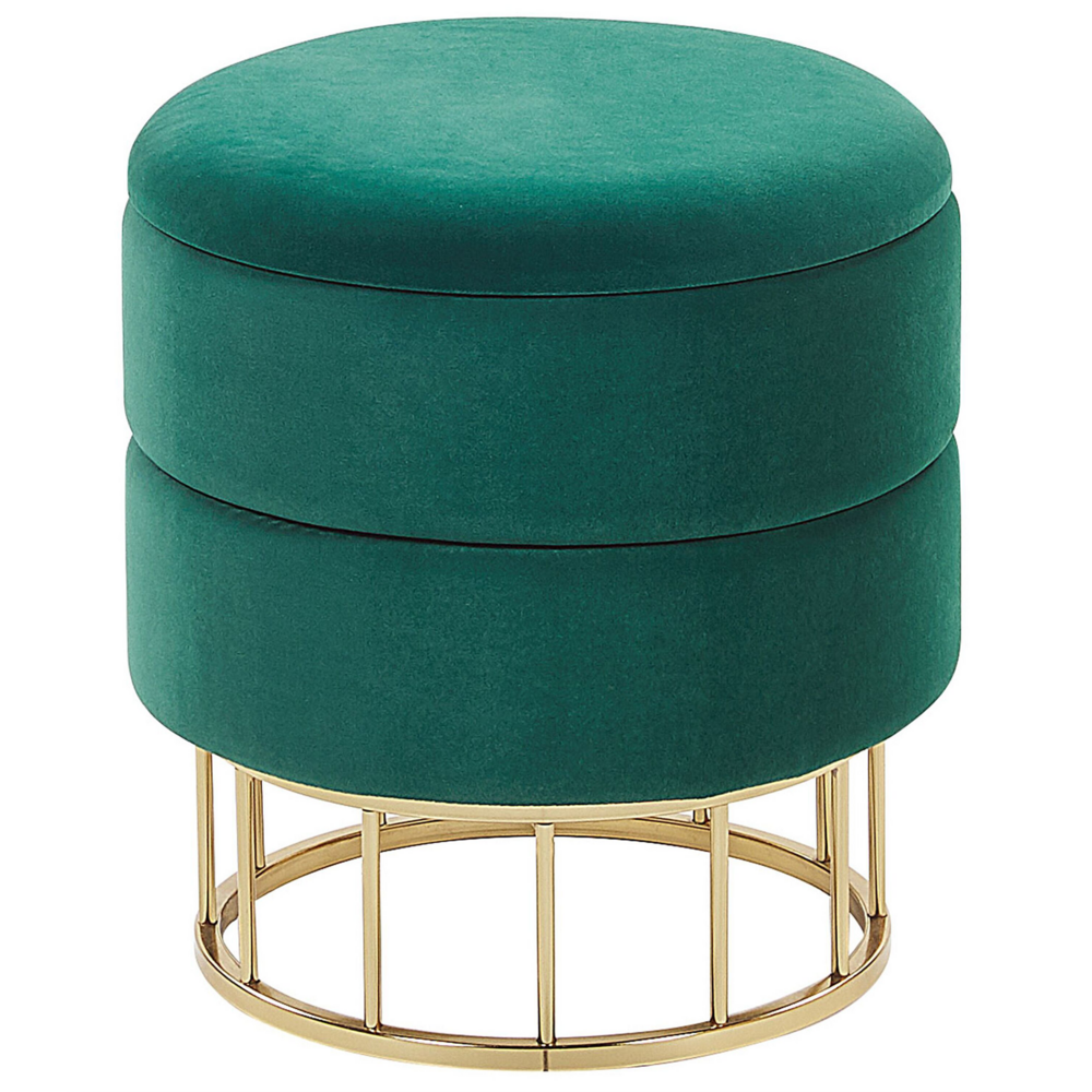 foto del prodotto pouf contenitore rivestimento in velluto di poliestere verde scuro base dorata accessori per soggiorno dal design glamour