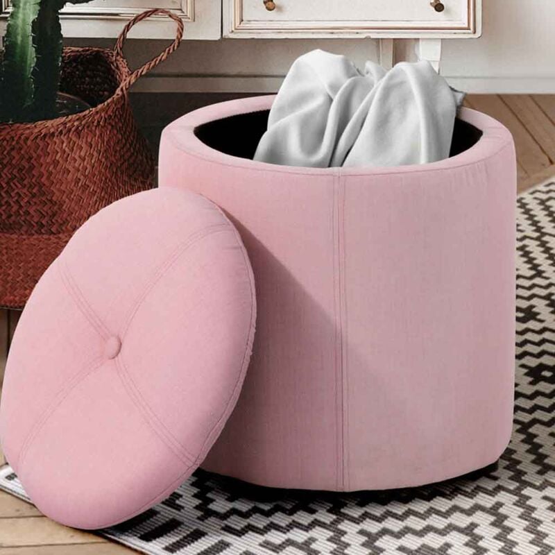 foto del prodotto pouf contenitore sgabello cassapanca poggiapiedi tessuto rosa 40x36cm moderno