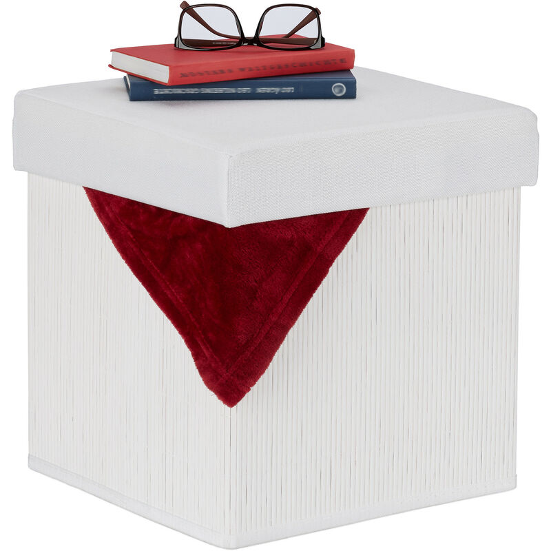 foto del prodotto pouf contenitore, sgabello pieghevole in bamb , poggiapiedi imbottito con coperchio, hlp 35x35x35 cm, bianco relaxdays