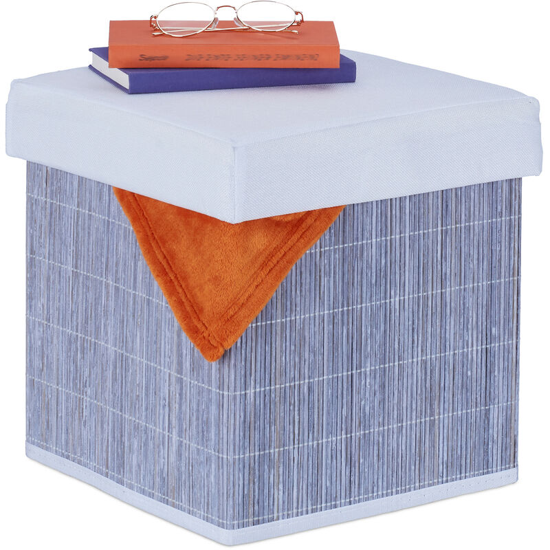 foto del prodotto pouf contenitore, sgabello pieghevole in bamb , poggiapiedi imbottito, hxlxp 35 x 35 x 35 cm, grigio bianco relaxdays