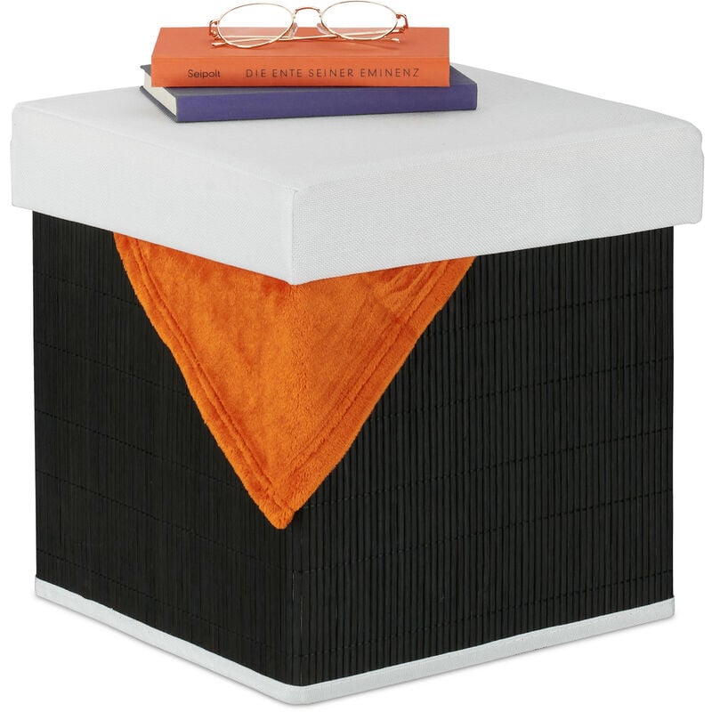 foto del prodotto pouf contenitore, sgabello pieghevole in bamb , poggiapiedi imbottito, hxlxp 35 x 35 x 35 cm, nero bianco relaxdays