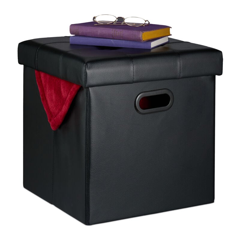foto del prodotto pouf contenitore, sgabello pieghevole pelle finta, poggiapiedi imbottito con coperchio, hlp 39x37x37cm, nero relaxdays