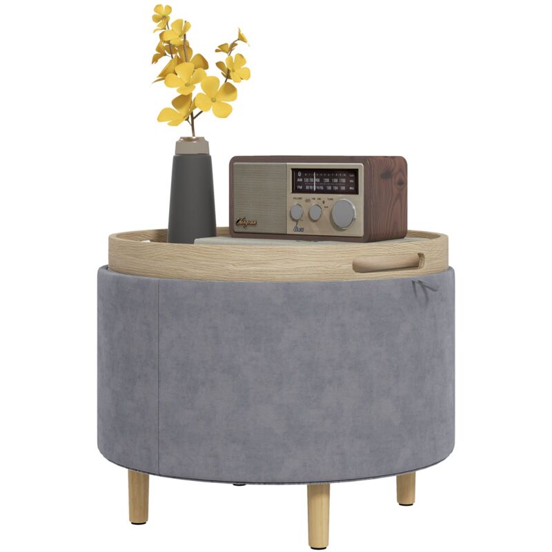 foto del prodotto pouf contenitore vellutato da 120 kg max 56x56x42 cm con vassoio a ribalta in mdf e rovere grigio