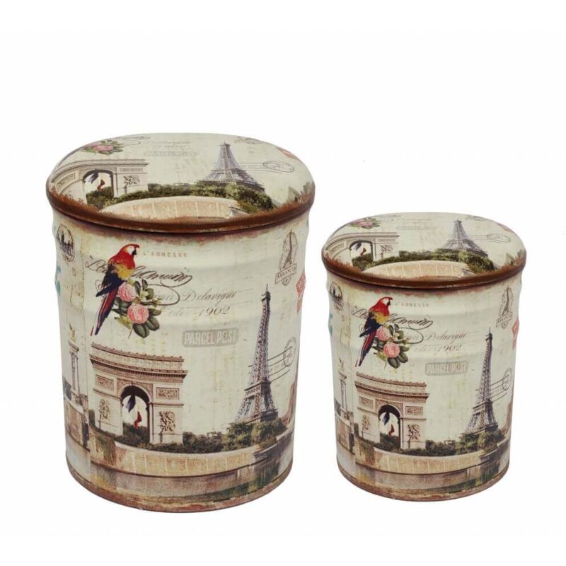 foto del prodotto pouf contenitori da interno in pvc con decoro parigi tour eiffel set 2 pezzi antiquewhite
