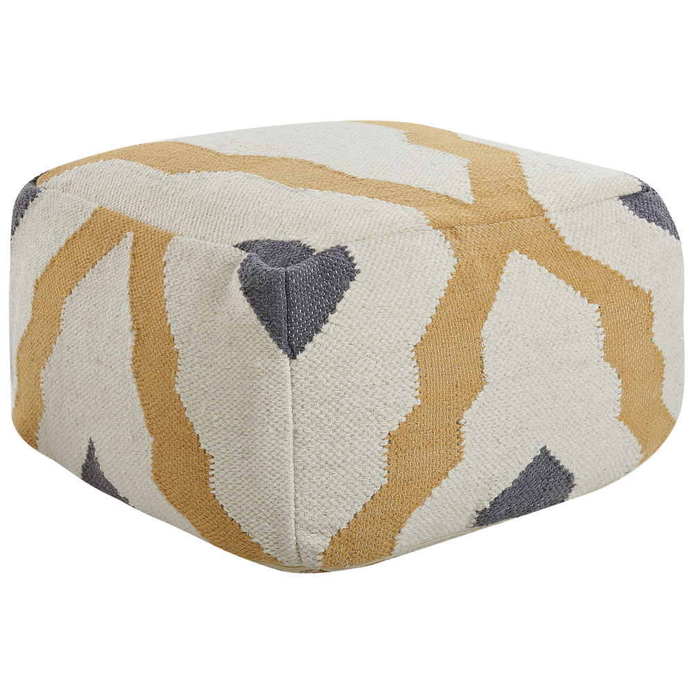 foto del prodotto pouf di lana fatto a mano beige chiaro giallo grigio lavorato a maglia boho rustico ottomana