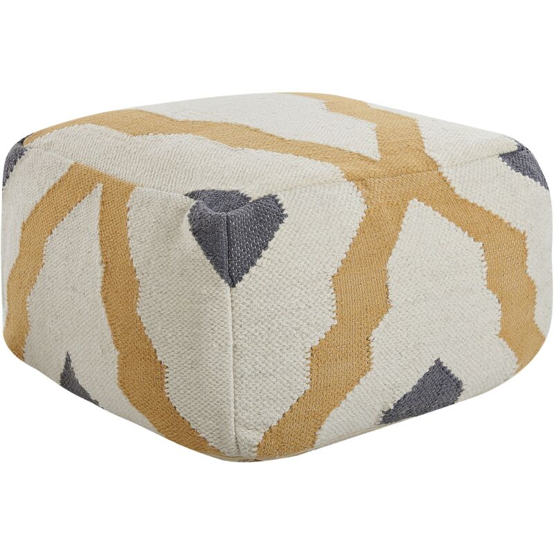 foto del prodotto pouf di lana fatto a mano beige chiaro giallo grigio lavorato a maglia boho rustico ottomana zeugma