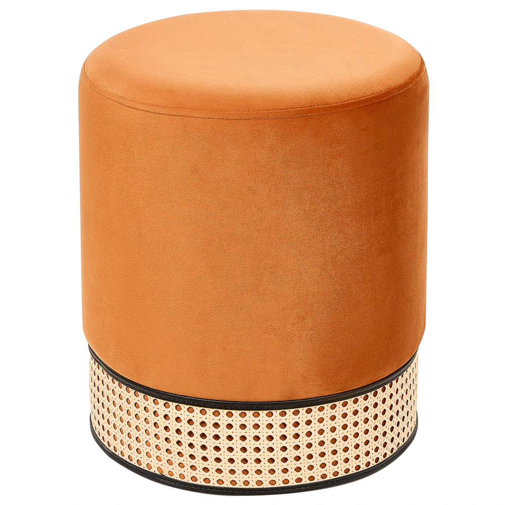 foto del prodotto pouf imbottito in velluto arancione e rattan intrecciato a forma di anello solido glamour