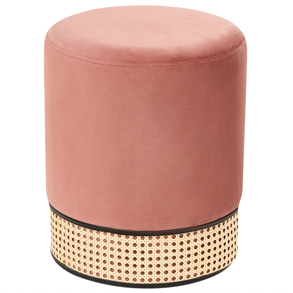 foto del prodotto pouf imbottito in velluto rosa e rattan intrecciato a forma di anello solido glamour