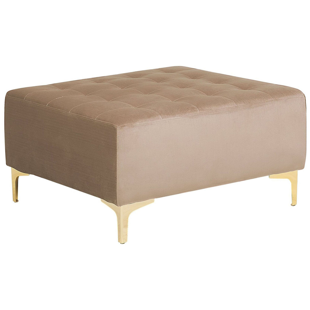 foto del prodotto pouf in velluto beige trapuntato in tessuto moderno soggiorno quadrato poggiapiedi gambe dorate