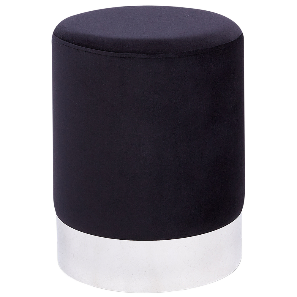 foto del prodotto pouf in velluto di colore nero con fascia metallica argento stile glamour soggiorno camera da letto