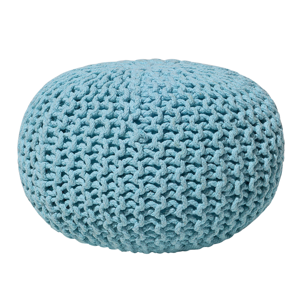 foto del prodotto pouf ottomana azzurro in cotone lavorato a maglia perline eps riempimento rotondo piccolo poggiapiedi 40 x 25 cm
