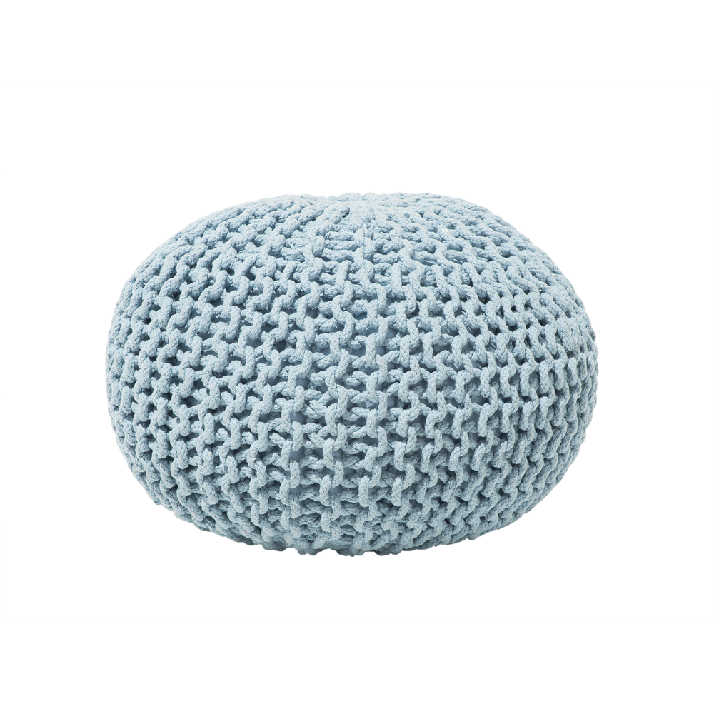 foto del prodotto pouf ottomana azzurro in cotone lavorato a maglia perline eps riempimento rotondo piccolo poggiapiedi 50 x 35 cm