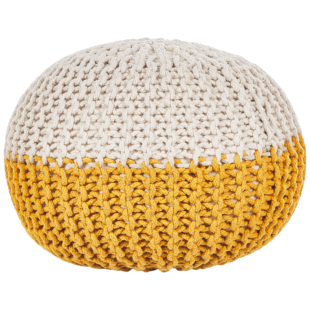 foto del prodotto pouf ottomana giallo beige cotone lavorato a maglia perline eps riempimento rotondo piccolo poggiapiedi 50 x 35 cm