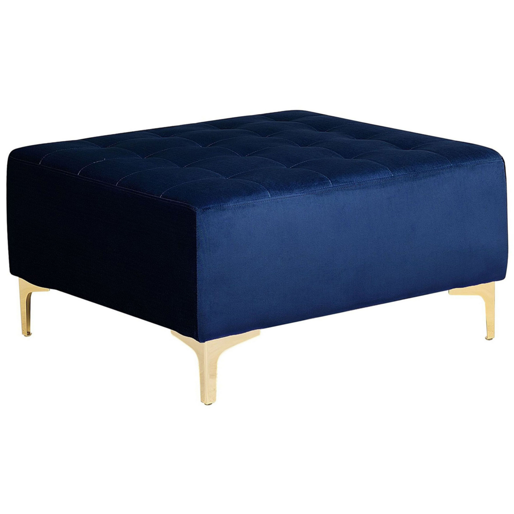 foto del prodotto pouf ottomana in tessuto trapuntato in velluto blu navy moderno soggiorno quadrato poggiapiedi gambe dorate
